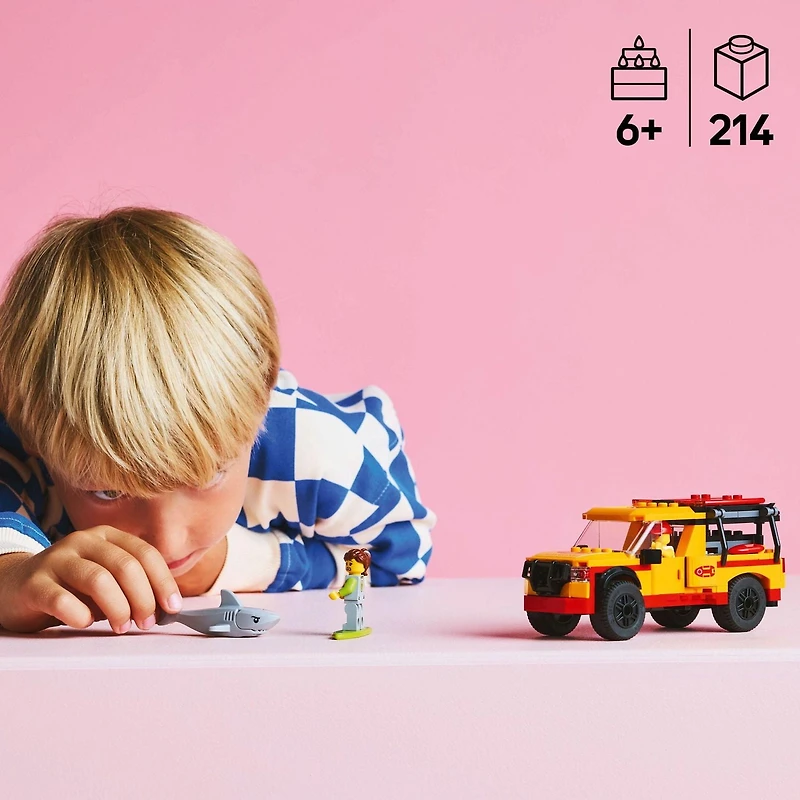 LEGO City Lifeguard Beach Rescue Truck Toy - Building Toy for Kids, Boys and Girls, Ages 6+ - Includes 2 Minifigures, Shark Toy - Gift for Beach-Loving Kids - 60453, Includes 214 Pieces, Ages 6+