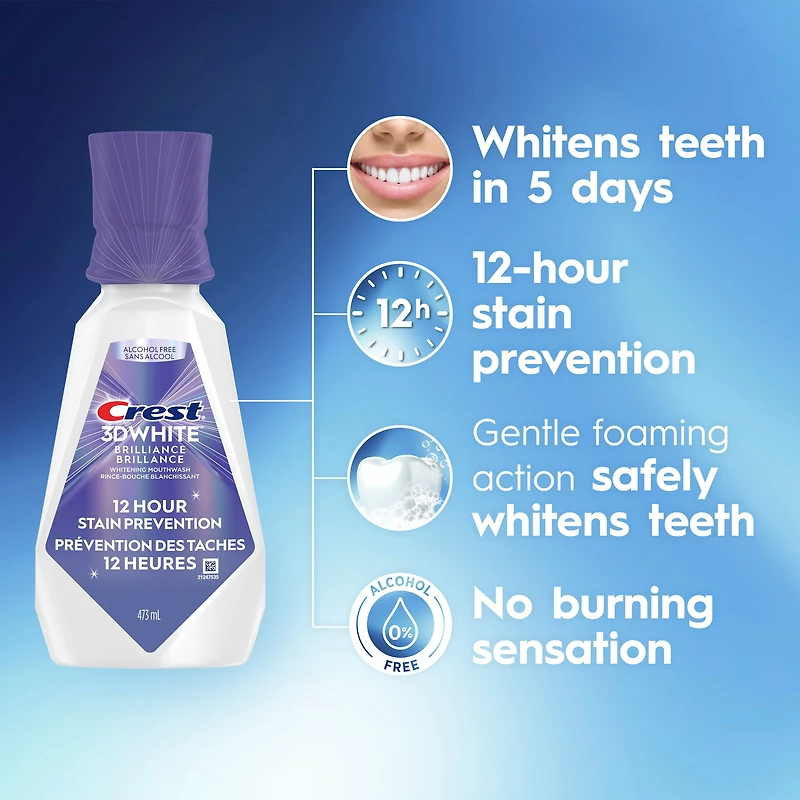 Crest 3D White Brilliance Stain Prevention Mouthwash / Rinse- 12-Hour Stain Prevention, Alcohol Free, 473