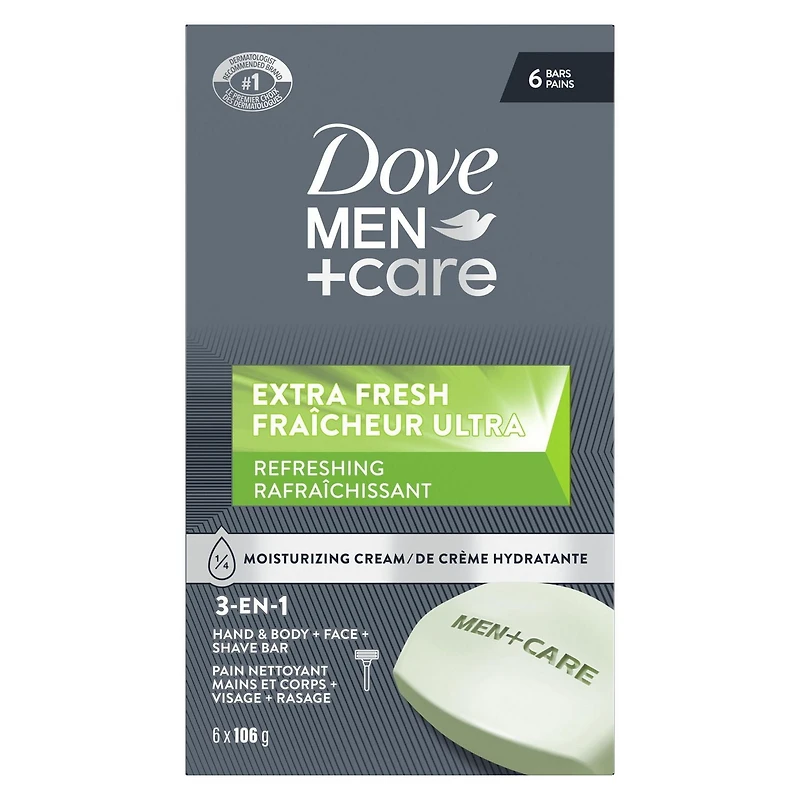 Dove Men+Care Refreshing Extra Fresh Bar Soap Formulated for Men's Skin, 3-N-1 Hand & Body + Face + Shave Bar Soap, with ¼ Moisturizing Cream, 106g (pack of 6 bars)