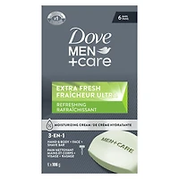 Dove Men+Care Refreshing Extra Fresh Bar Soap Formulated for Men's Skin, 3-N-1 Hand & Body + Face + Shave Bar Soap, with ¼ Moisturizing Cream, 106g (pack of 6 bars)