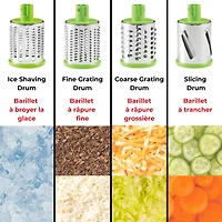Starfrit Râpe à Tambour Avec 4 Barillets en Inox Interchangeables, Lames Ultra Tranchantes, Base Ventouse Stable, Poussoir Sécuritaire, Parfaite Pour Râper Et Trancher Légumes, Fromage, Glace Râpée Râpez, tranchez ou râpez finement avec la râpe rotative Starfrit. Comprend 3 barillets en acier inoxydable, base ventouse et poussoir sécuritaire. Aucun assemblage requis. Parfait pour légumes, fromages, chocolat, glace et plus!