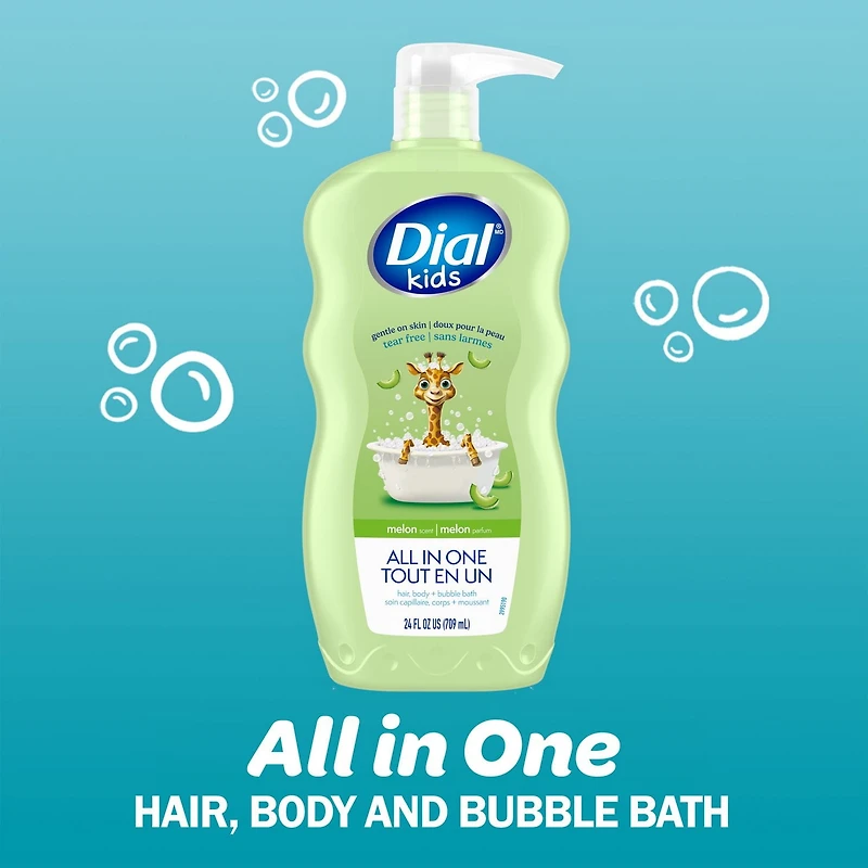 Dial Kids All in One, Hair, Body + Bubble Bath, Melon, 709ml, 1 count, 709 mL