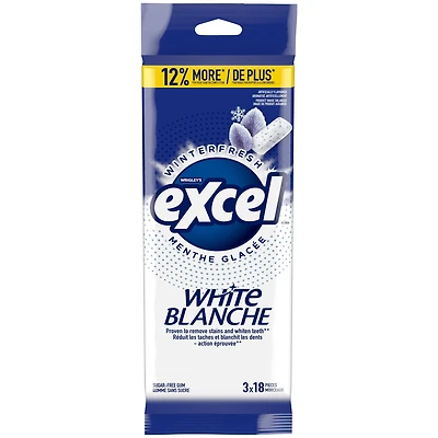 EXCEL Wht, M. glac., gomme sans sucre, blanch. dents, 18 morc., 3 emb. Emballages de 3, 18 morceaux