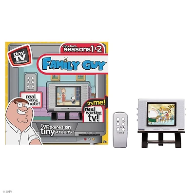 Tiny TV Classics - Édition Family Guy - La plus récente collection de Basic Fun - Regardez les meilleures scènes de Family Guy sur un véritable téléviseur Tiny (avec télécommande fonctionnelle) !