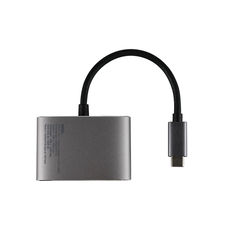 Onn. USB-C, HDMI, USB 3.0 3-in-1 Adapter with Power Delivery 3.0 - Grey, 4 IN. 10 cm Cable