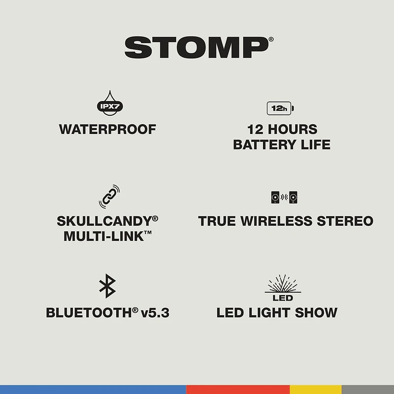 Skullcandy Stomp Waterproof USB Charge Out LED Lighting Wireless Bluetooth Portable Speaker, Black, STOMP XT