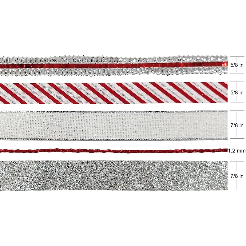 Holiday Time Assortiment de ruban de Noël en polyester rouge/argent, 5 Compte RED SILVER RBN SET - FRENCH