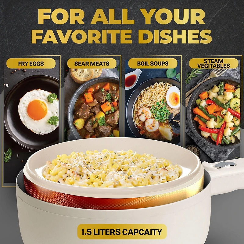 Ceramax Electric Cooker Beige 1.5L Cool Touch Nonstick Ceramic Hot Pot Mini Skillet with Lid and Steamer Insert, Hot Pot Electric Skillet