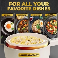 Ceramax Electric Cooker Beige 1.5L Cool Touch Nonstick Ceramic Hot Pot Mini Skillet with Lid and Steamer Insert, Hot Pot Electric Skillet