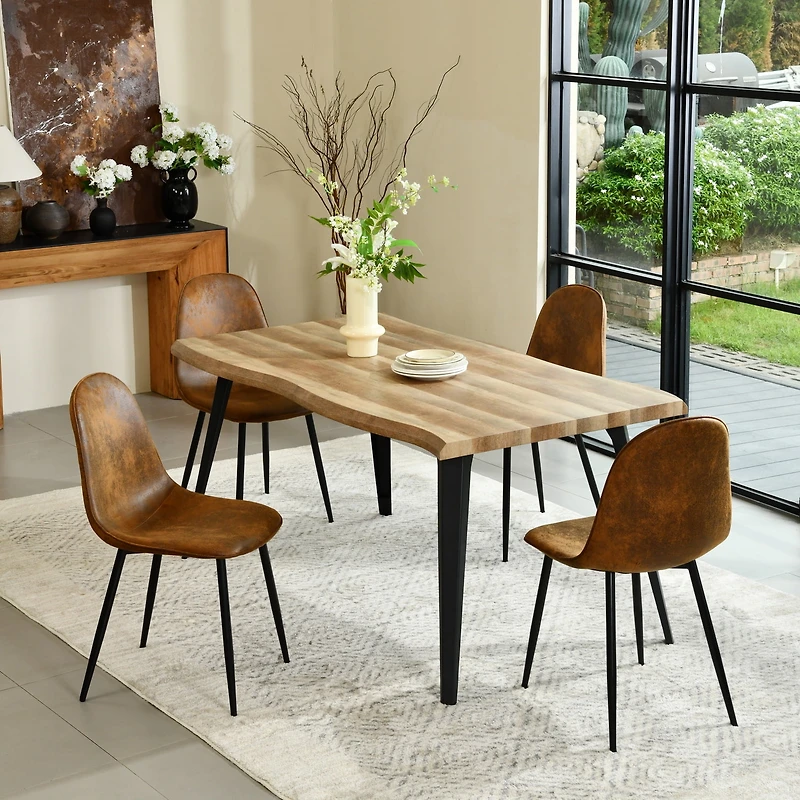 Homy Casa Modern Industrial 5-Piece Dining Set for 4, Faux Wooden Walnut Live Edge Table with 4 Armless Chairs, Brown Fuax Suede
