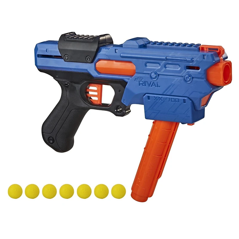 Blaster Nerf Rival Finisher XX-700, chargeur à remplissage rapide, mécanisme à ressort, 7 billes en mousse Nerf Rival officielles, équipe bleue