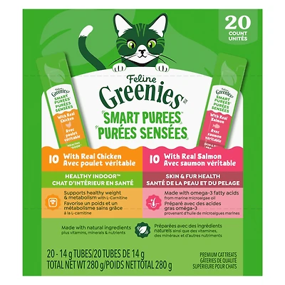 Gâteries léchables pour chats Feline GreeniesMC Purées sensées avec saumon et poulet, format variété, 20 unités, 20 x 14 g