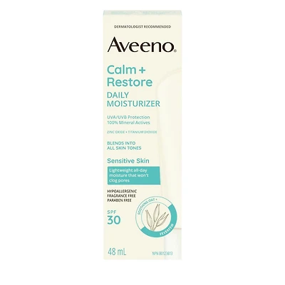 Aveeno® Calm + Restore Daily Moisturizer, SPF 30, 100% Mineral Actives, Broad Spectrum, Non-comedogenic Sensitive Skin, Oat, Hypoallergenic, Fragrance Free, 48 mL