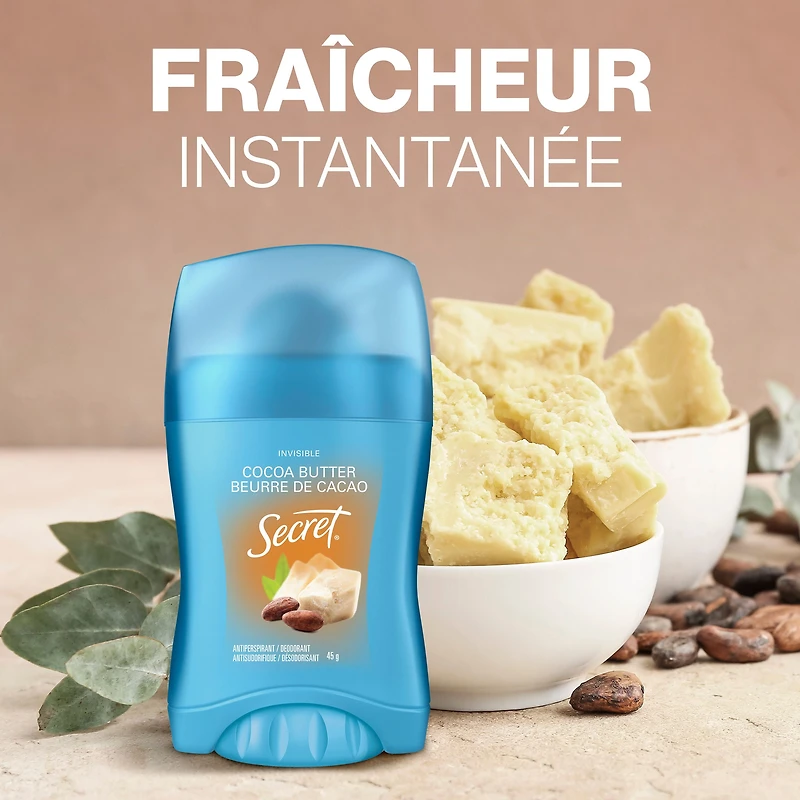 Antisudorifique et désodorisant invisible en bâton Secret Fraîcheur, Beurre de cacao