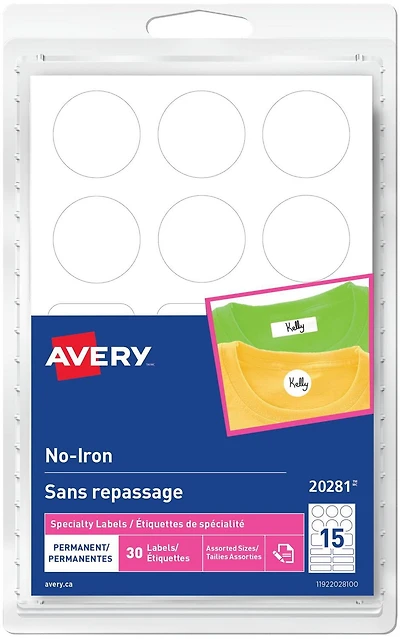 Avery Étiquettes blanches pour tissu sans repassage, Écrire, Tailles Assorties - 20281 Sans repassage, Tailles Assorties