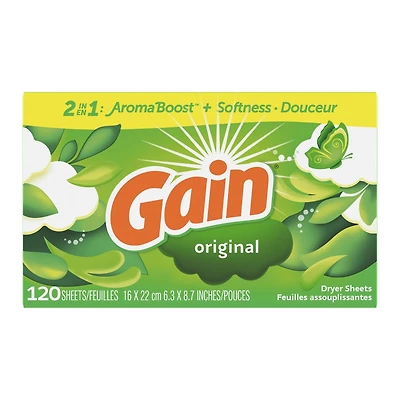 Gain dryer sheets, Original Scent Laundry Fabric Softener Sheets with 2-in-1 Aromaboost Plus Softness, 120 Sheets