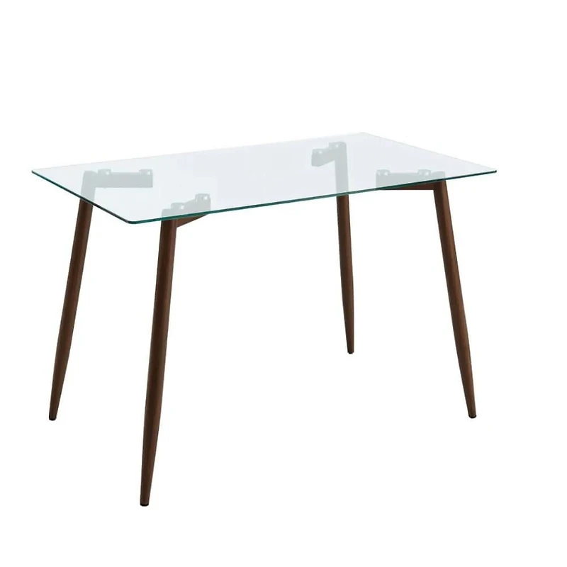 Table à manger rectangulaire moderne avec plateau en verre trempé élégant, pieds en métal style noyer, parfaite pour 4 personnes