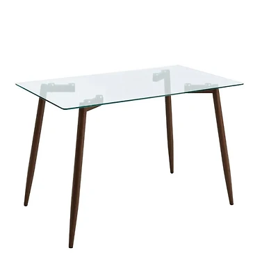 Table à manger rectangulaire moderne avec plateau en verre trempé élégant, pieds en métal style noyer, parfaite pour 4 personnes