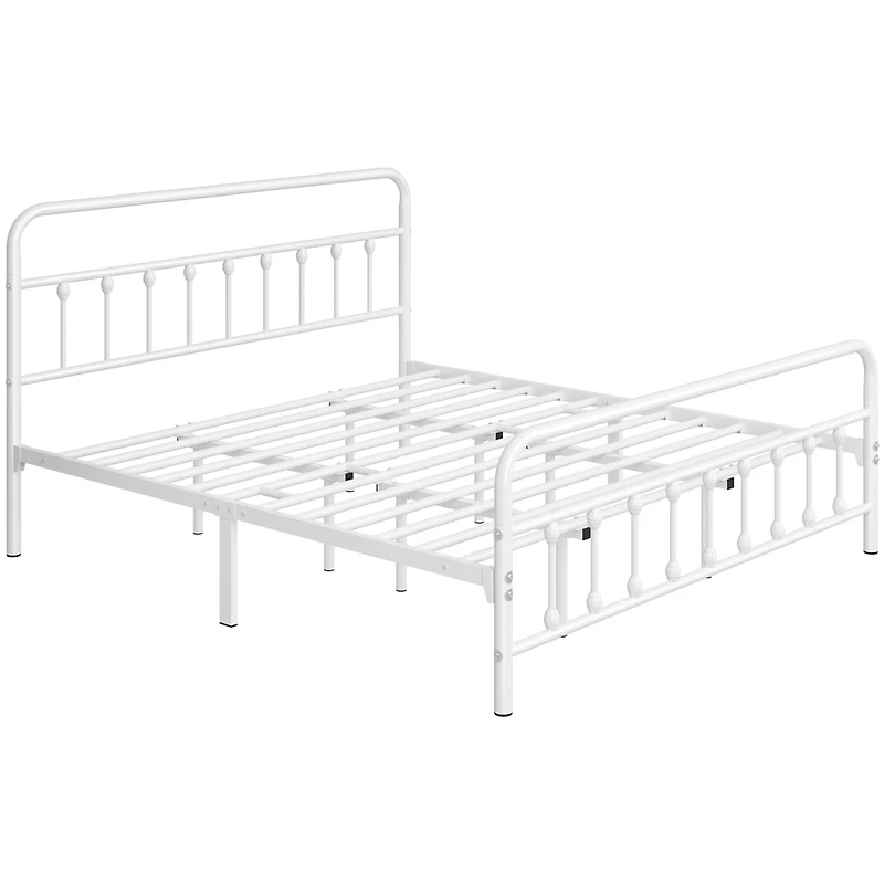 Fullfurnique Classic Iron Platform Bed Frame with High Headboard and Footboard, King, White
