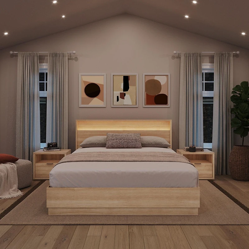 Ensemble de chambre à coucher Harlow 4 pièces avec lit queen size, sommier à lattes, tête de lit avec éclairage intégré et 2 tables de chevet.