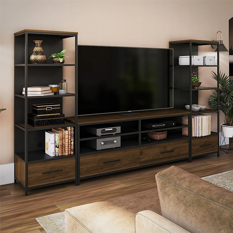 Meuble télé Structure d’Ameriwood Home pour téléviseur jusqu’à 60 po, placage en chêne sterling, métal et verre noirs