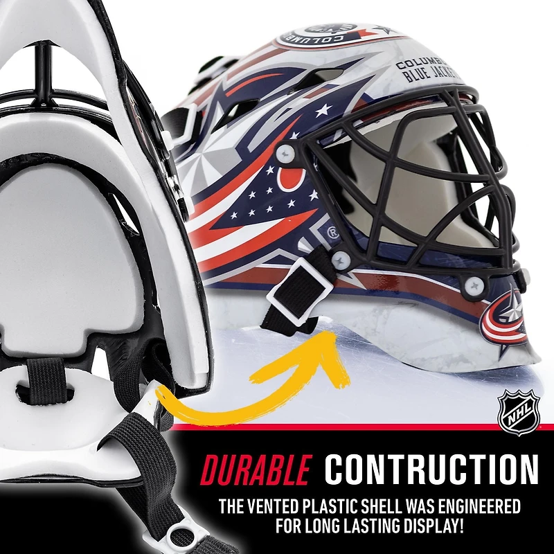 Franklin Sports Mini masque de gardien de but de hockey avec logo de l'équipe de la NHL de Blue Jackets avec étui – Masque de gardien de but de collection avec logos et couleurs officiels de la NHL