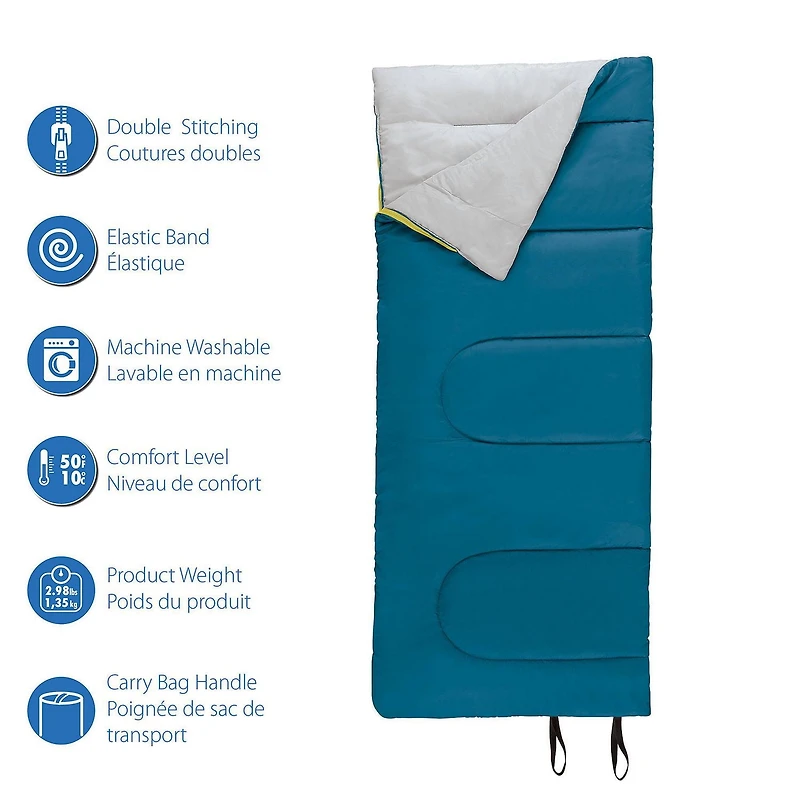Ozark Trail 10C Sleeping Bag, 72"(L) x30" (W),Temp Rating +50℉/+10℃, Polyester Fabric, Blue, Sleeping Bag