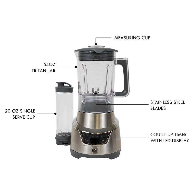 Kenmore Elite Mixeur de Comptoir 5 Vitesses avec Tasse de Voyage, Smoothies, Soupes & Sauces, Design en Acier Inoxydable