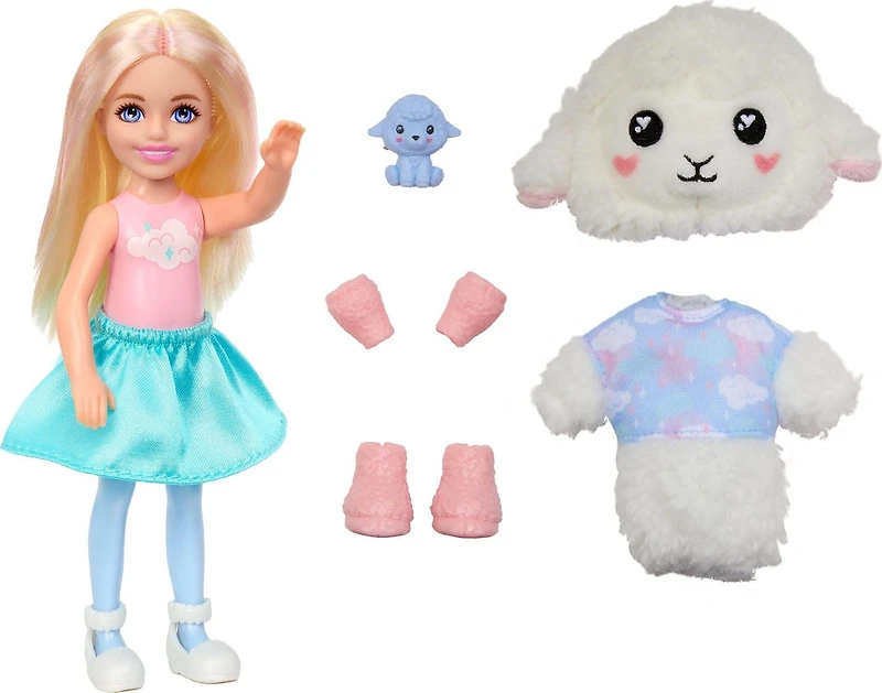Barbie Cutie Reveal Cozy Cute Tees Series Chelsea Doll & Accessories, Plush Lamb, Blonde Small Doll