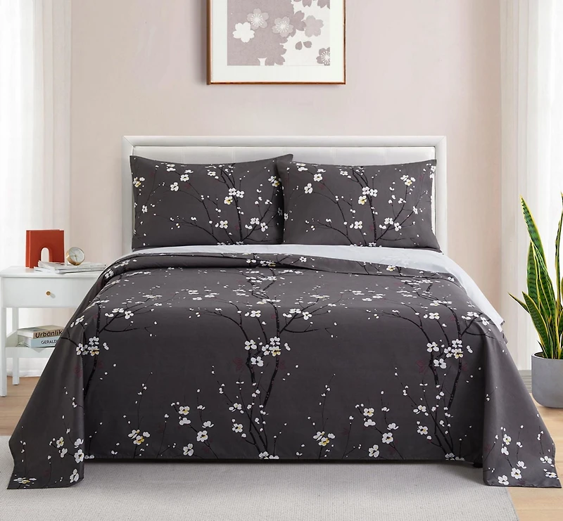 Literie toutes saisons en percale de coton à fibres longues, 600 fils au pouce carré, motif floral gris, motif de fleurs de prunier