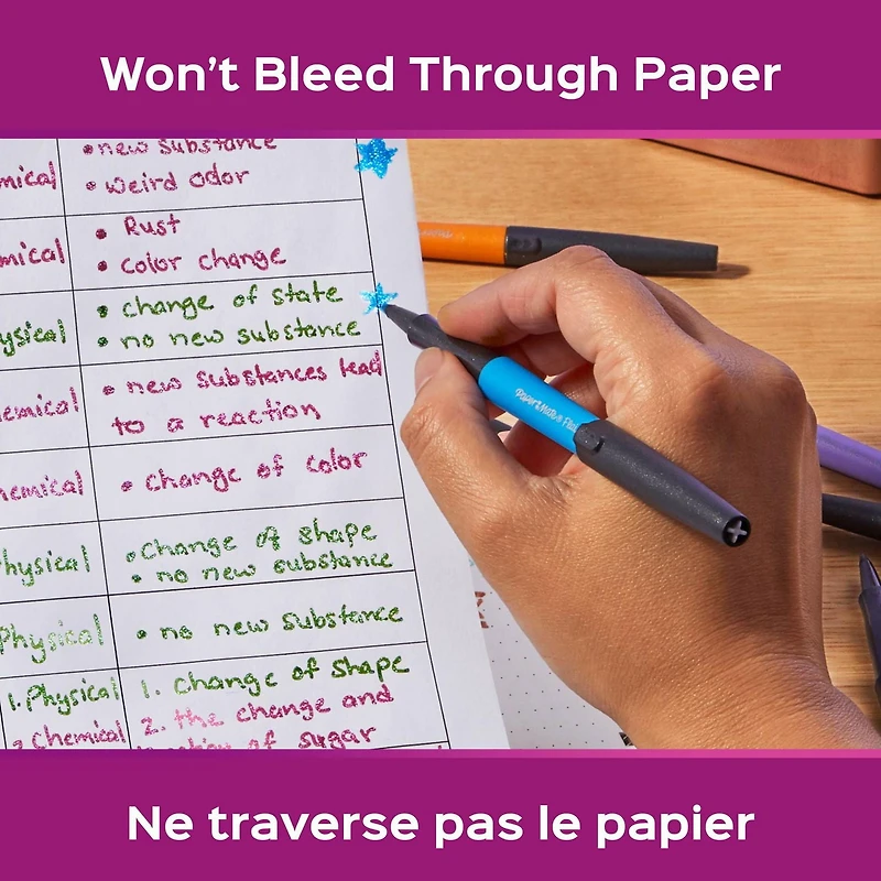Stylos-feutres à pointes métalliques Paper Mate Flair, lumières de la ville, encre scintillante brille sur papier blanc, couleurs assorties
