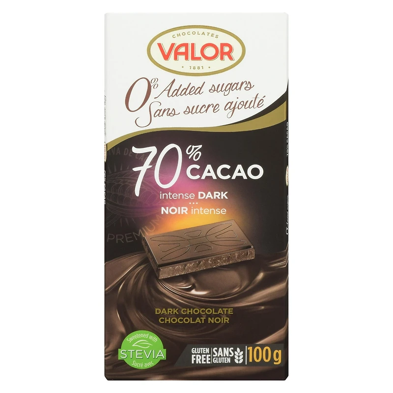 CHOCOLAT VALOR 70% Sans sucre ajouté 100g