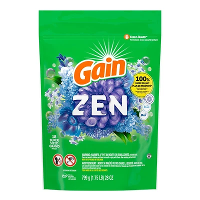 Capsules de détergent à lessive Gain Flings grande taille, 3 en 1 avec Febreze et Oxi, parfum Zen