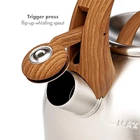 Primula Stainless Steel Whistling Kettle with Wood-Look Soft Touch Handles, Built-In Trigger Spout, Easy to Clean, 2.5 Quart
