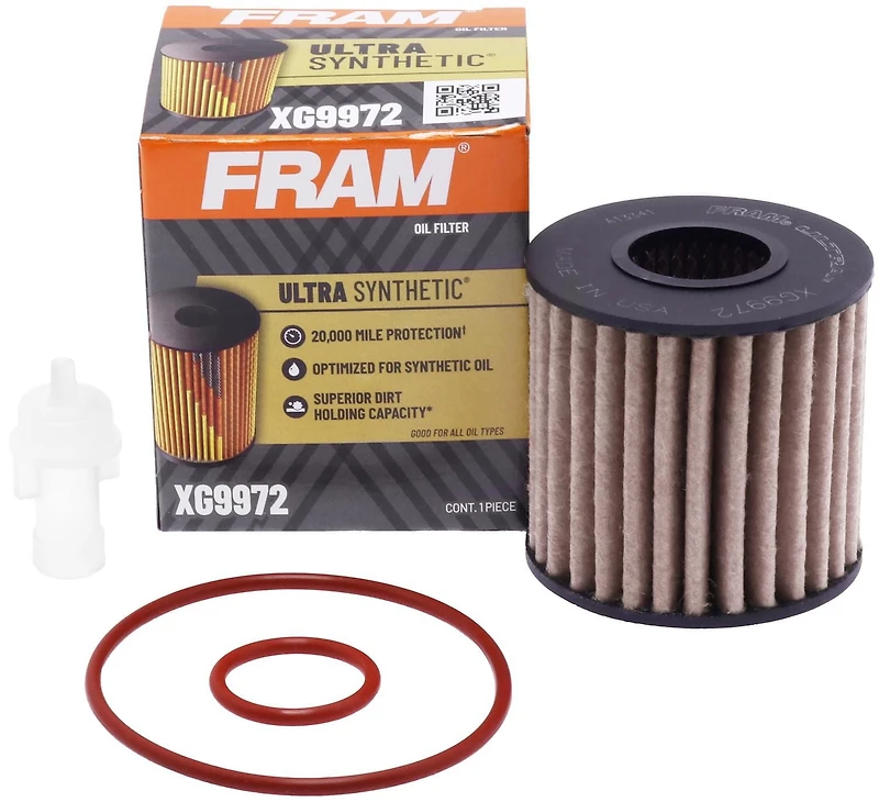 Filtre à huile XG9972 Ultra SyntheticMC de FRAM(MD) L’élément filtrant cellulosique et synthétique à deux couches est renforcé par une crépine métallique pour prolonger les intervalles entre les vidanges et atteindre une efficacité de capitation des impuretés de 99 %.
