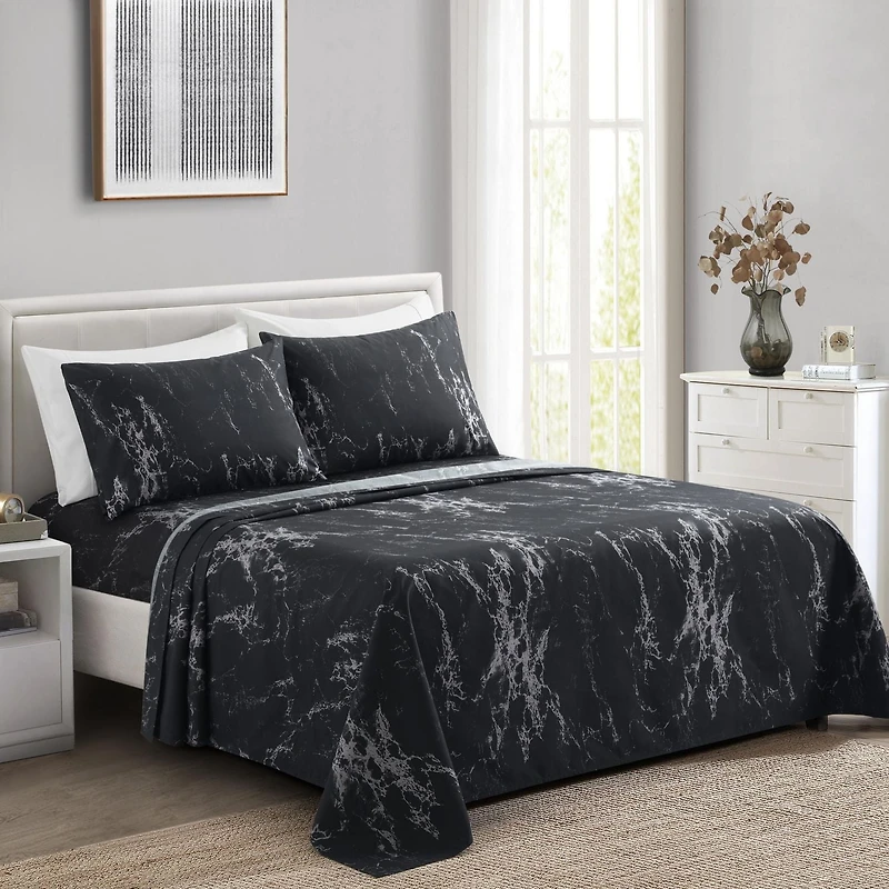 Marina Decoration Ultra Soft Silky Deep Pocket Rich Printed Bedding Rayon from Bamboo All Season Sheet Set with Pillowcases, Modern Black Marble Pattern