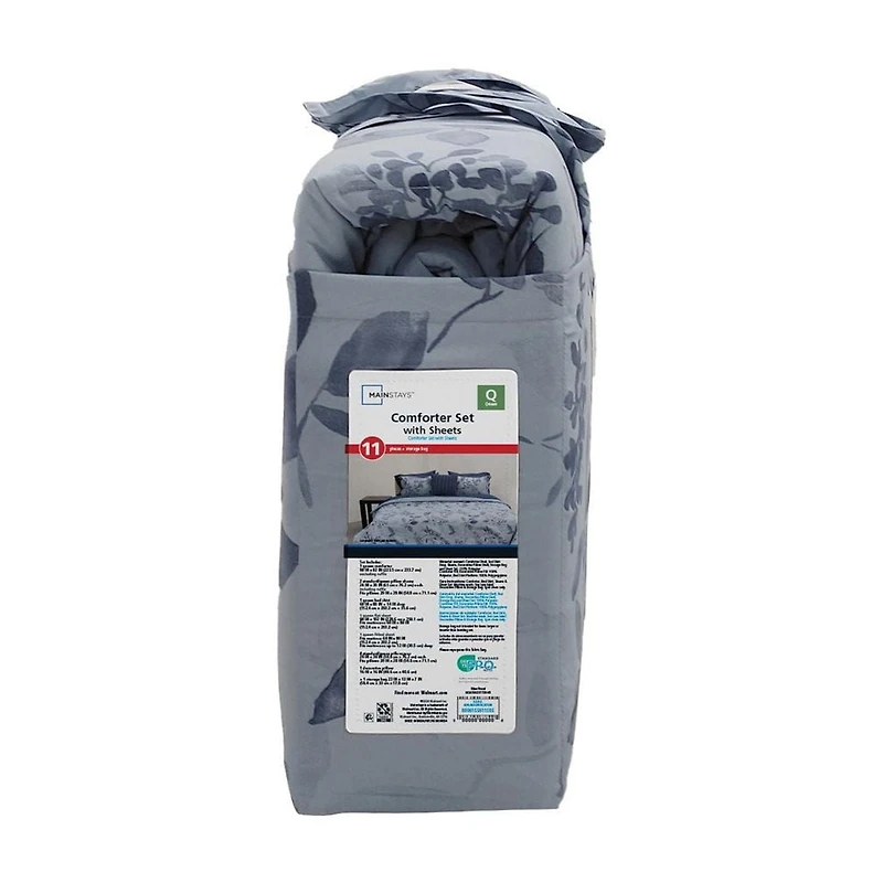 Parure de lit Mainstays Soft Touch Bed in a Bag, 11 pièces, réversible, motif floral bleu, avec draps, pour lit double Couette et draps tout-en-un, pleine grandeur