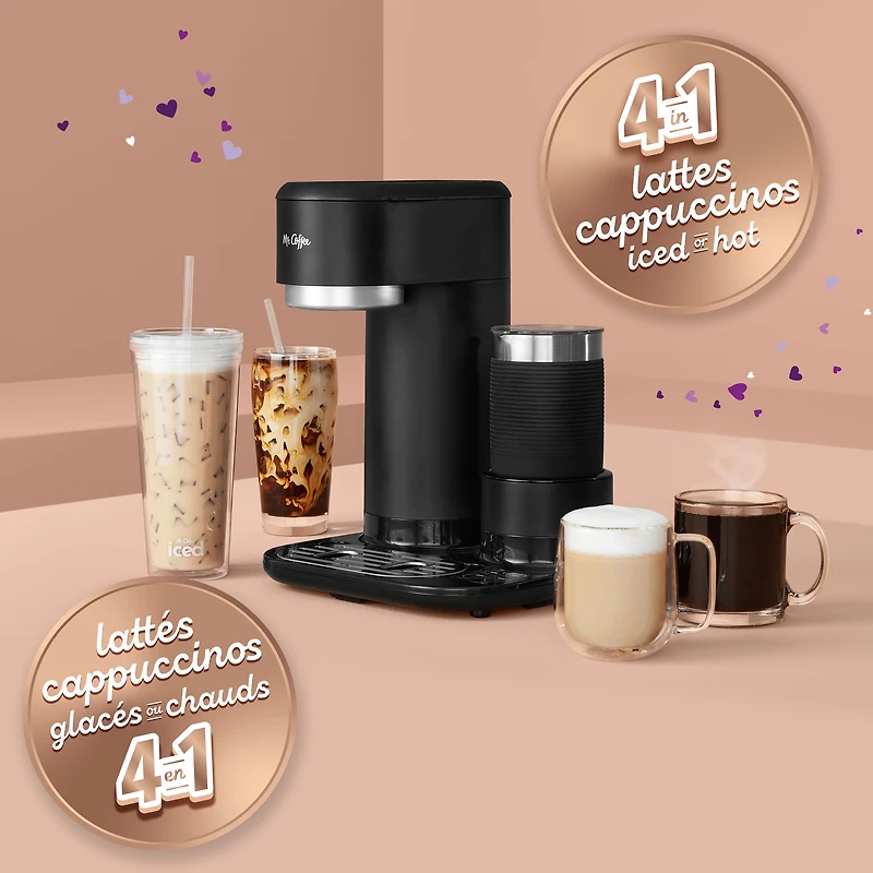 Cafetière 4-en-1 individuelle Mr. Coffee® Latte™ pour café glacé et chaud avec mousseur à lait noir