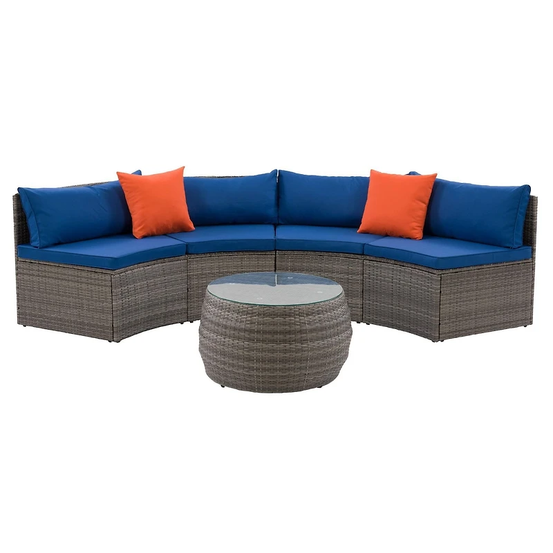 CorLiving Parksville 3-Piece Resin Wicker Patio Sectional Set- Blended Grey Finish/Oxford Blue Cushions