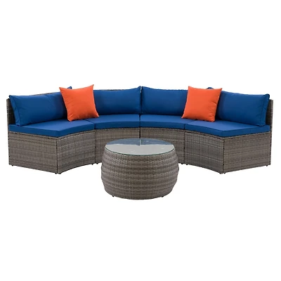 CorLiving Parksville 3-Piece Resin Wicker Patio Sectional Set- Blended Grey Finish/Oxford Blue Cushions