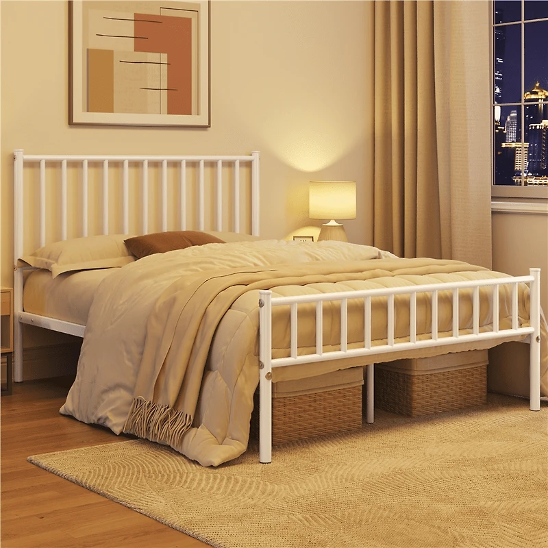 Fullfurnique Minimalist Metal Bed Frame with Vertical Bar Headboard and Footboard, Queen, White