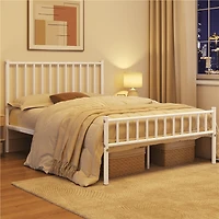 Fullfurnique Minimalist Metal Bed Frame with Vertical Bar Headboard and Footboard, Queen, White