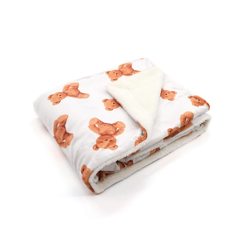 Couverture réversible en flanelle polaire douce et chaude pour enfants, motif ours en peluche marron, 101 x 127 cm