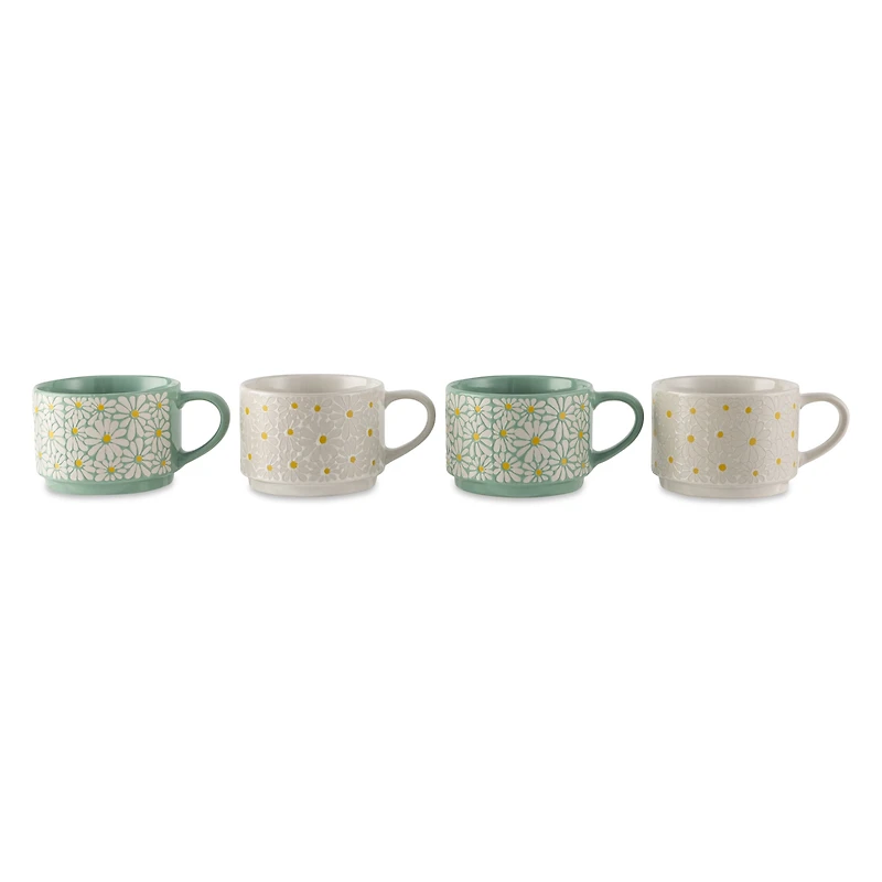 Lot de 4 tasses empilables Thyme & Table White à motif floral blanc et vert, 325 ml, en grès