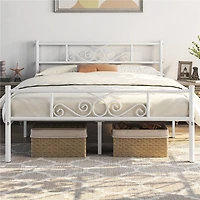 Fullfurnique Cadre de Lit Métallique avec Tête et Pied de Lit à Volutes, Deux Places, Blanc