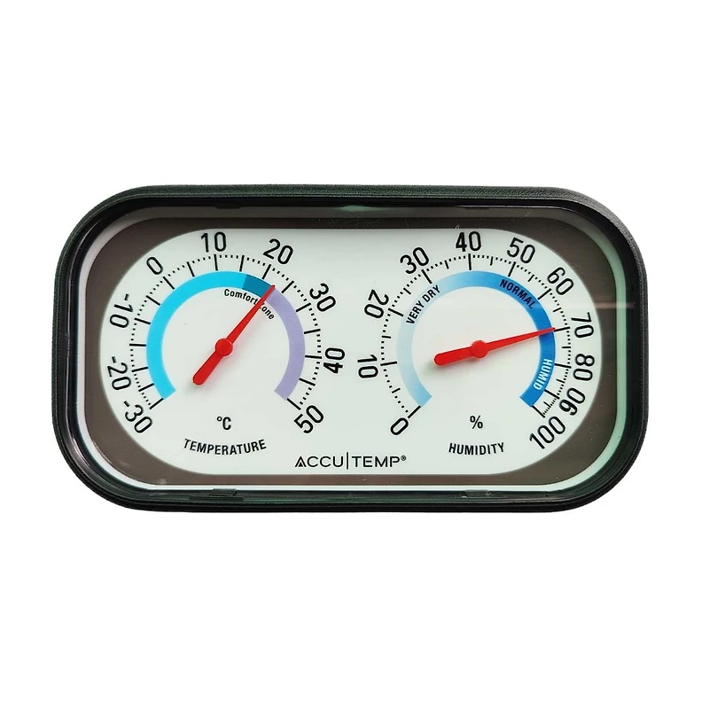 Accutemp Indoor Thermometer with Humidity Meter, Easle Stand, Comfort Zone indicator, Black, Temperature and Humidity