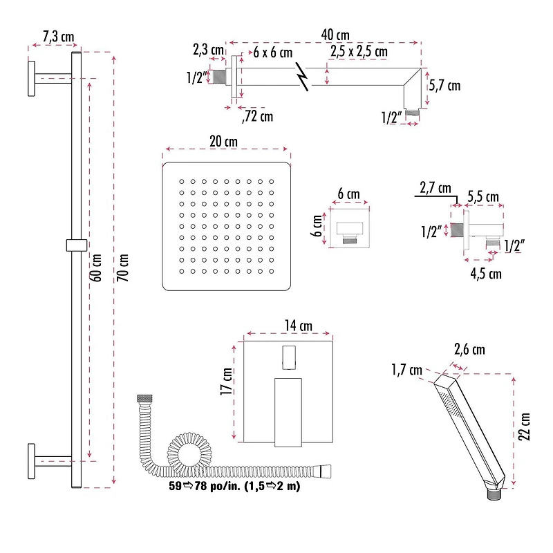 L'ensemble de robinet de couche akuaplus® IRENE avec cartouche à pression balancée et inverseur 2 voies plus 1, Un sytème de barre murale réglable avec douchette avec pommeau et raccord en laiton.