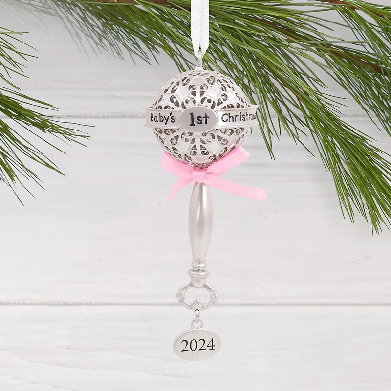 Hallmark Christmas Ornament (Baby's First Christmas Silver Baby Rattle With Pink Ribbon 2024 Premium Metal)