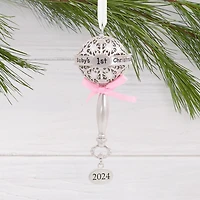 Hallmark Christmas Ornament (Baby's First Christmas Silver Baby Rattle With Pink Ribbon 2024 Premium Metal)