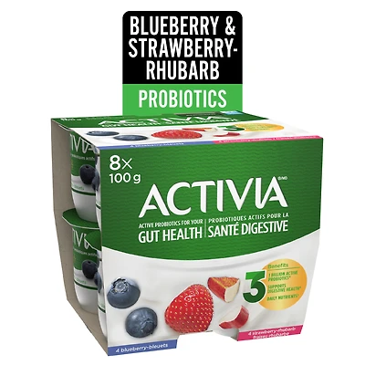 Activia Probiotic Yogurt, Strawberry-Rhubarb/Blueberry, 8x100g